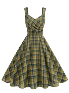Clueless Inspired Yellow V Neck Plaid Vintage Dress