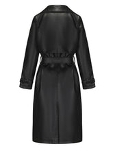 Load image into Gallery viewer, Women's Faux Leather Trench Coat | Long Caramel Tan PU Leather Windbreaker Jacket with Belt