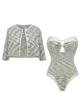 Load image into Gallery viewer, 2PS Grey Retro One Piece Swimsuit with Cropped Jacket Set