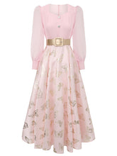 Load image into Gallery viewer, Gold Foil Butterfly Print Pink Vintage Square Neck Maxi Dress with Sheer Bubble Sleeves