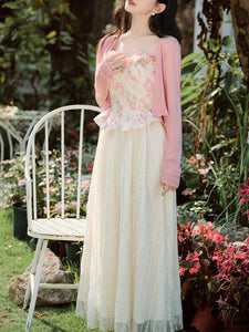2PS Pink Rose Spaghetti Strap 1950S Swing Victoria's Fairy Dress With Pink Cardigan