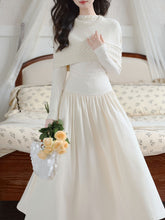 Load image into Gallery viewer, White Two-Piece Set Pearl Beaded Long Sleeve Dress with Cable Knit Cape