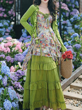 Load image into Gallery viewer, 2PS Boho Gypsy Floral Asymmetrical Maxi Dress Whimsical Green Crinkled Tiered Ruffle Dress for Festival