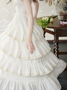 White Ruffles V Neck Layered Lace Maxi Vintage Dress