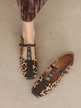 Load image into Gallery viewer, Women&#39;s Flat Heel Leopard Square Toe T-strap Vintage Shoes