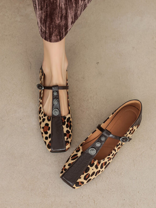Women's Flat Heel Leopard Square Toe T-strap Vintage Shoes