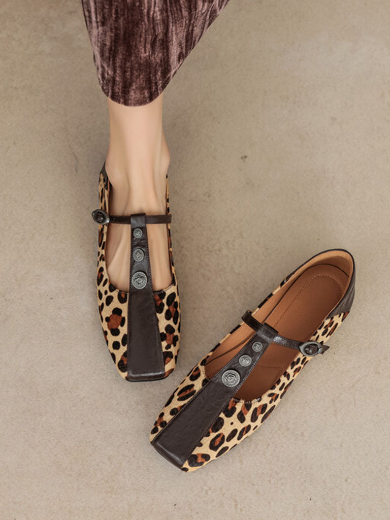 Women's Flat Heel Leopard Square Toe T-strap Vintage Shoes