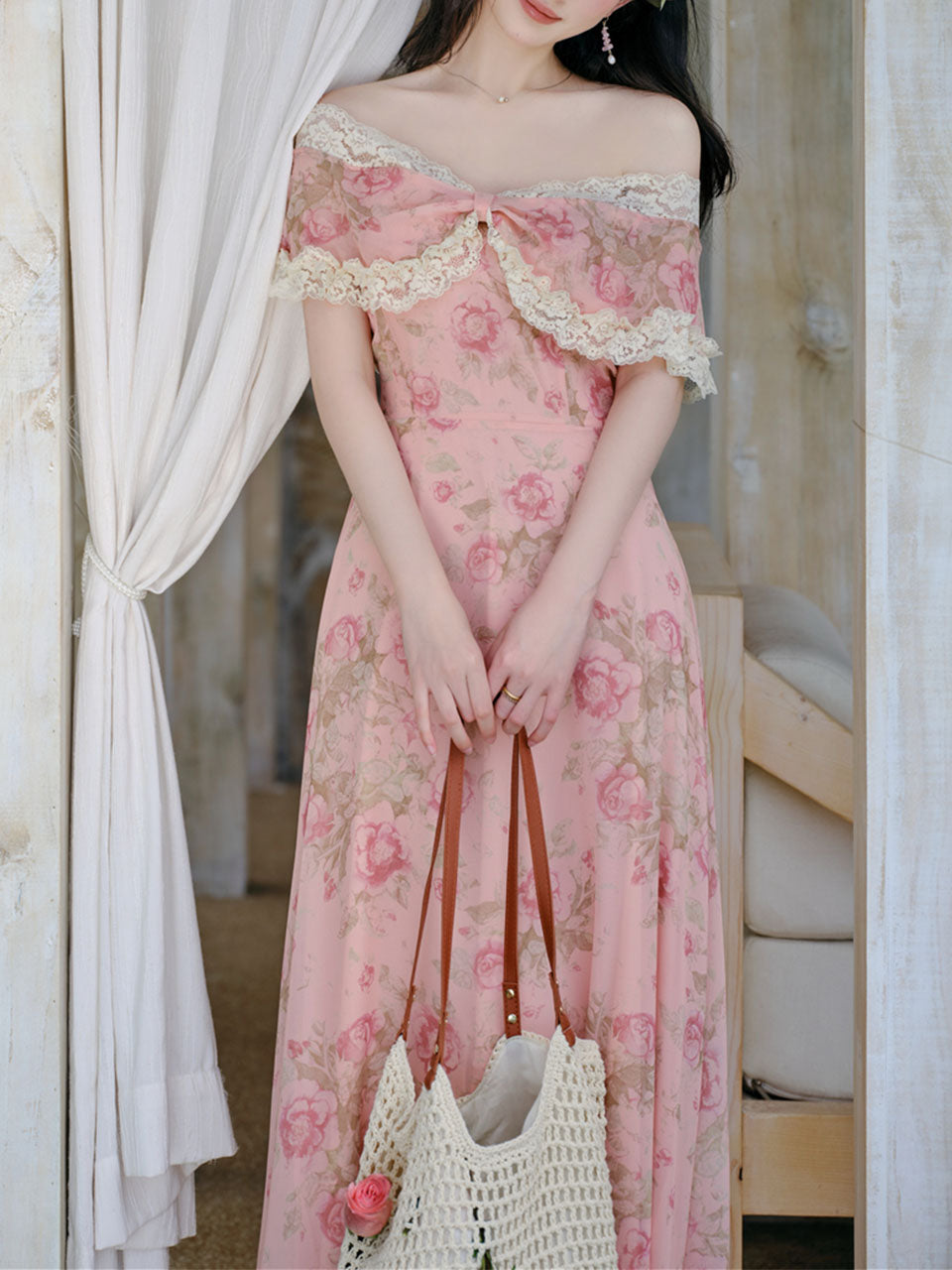 Pink Floral Rose Off Shoulder Lace Georgette Dress, Pink / L