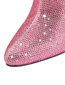 Pink High Heel Pointed Toes Luxury Bling Rhinestone Boots Shoes