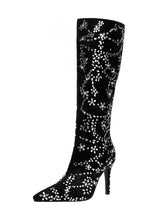 Load image into Gallery viewer, Black High Heel Pointed Toes Luxury Flower Bling Rhinestone Boots Shoes