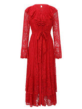 Load image into Gallery viewer, Women's Red Lace Long Sleeve Midi Dress with Ruffle Trim