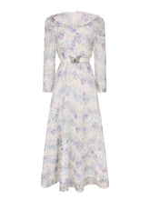 Load image into Gallery viewer, Purple Floral Print Vintage 3/4 Sleeve Dress with Bow Belt