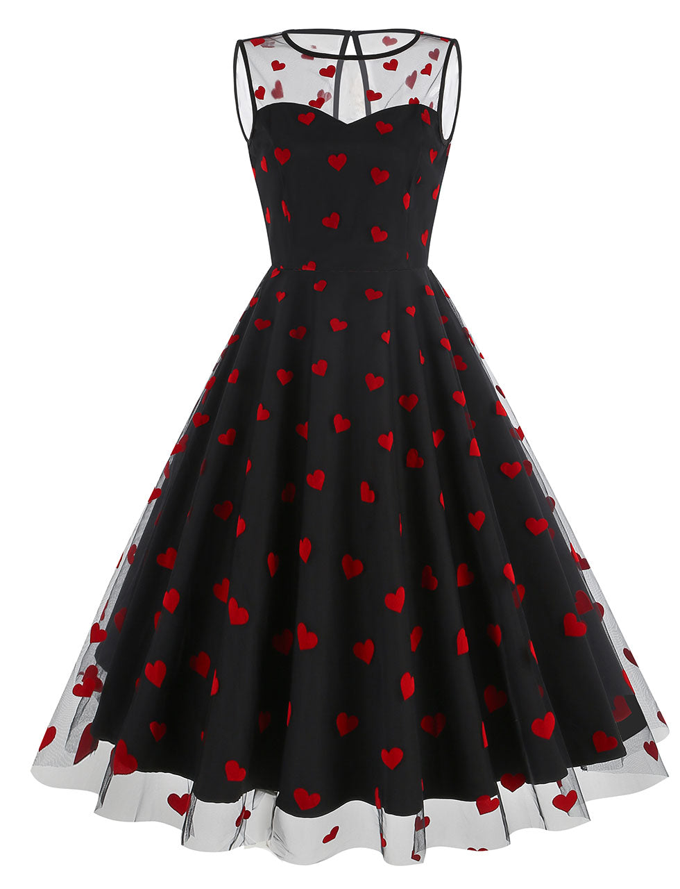 Black Semi Mesh Sweet Heart Embroidered Sleeveless 50s Swing Dress, Black / S