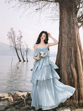 Load image into Gallery viewer, Blue Lace Spaghetti Strap Irregular Tiered Maxi Dress