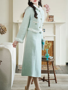 2PS Green Long Sleeve Warm Coat With Suspender Skirt Vintage Suit