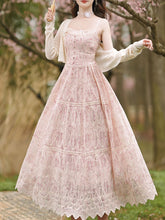 Load image into Gallery viewer, 2PS Pink Embroidered lace Spaghetti Strap Dress With White Shawl Dress Suit