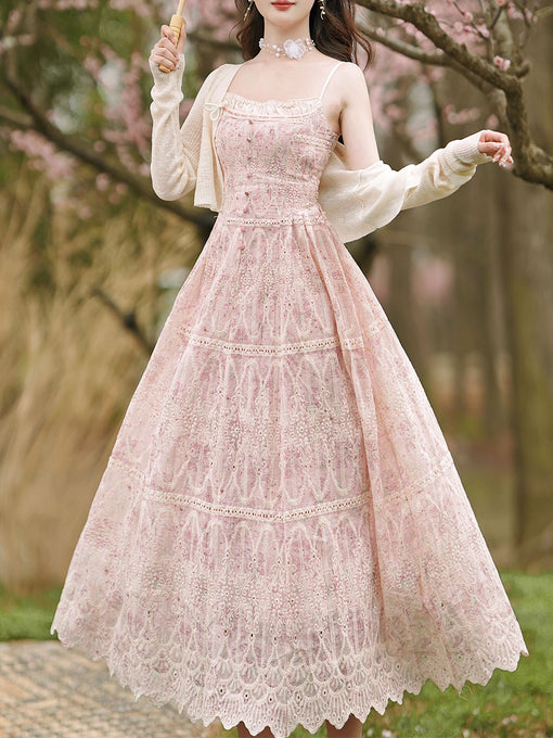 2PS Pink Embroidered lace Spaghetti Strap Dress With White Shawl Dress Suit
