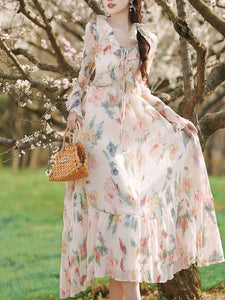 1950S White Ruffles V Neck Floral Print Swing Dress For Women