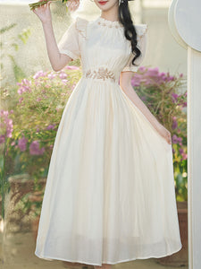 White Ruffles Collar Embroidered Puff Sleeve 1950S Vintage Dress