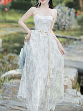 Load image into Gallery viewer, 2PS White Butterfly Print Spaghetti Strap 1950S Vintage Dress With Long Sleeve Tassel Cardigan