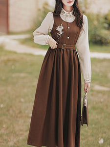 2PS Embroidered Stand Collar Vintage Fall Shirt Set Dress