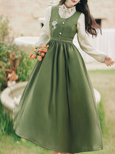 2PS Embroidered Stand Collar Vintage Fall Shirt Set Dress