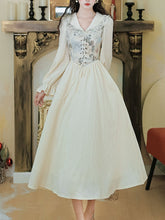 Load image into Gallery viewer, White V Neck Printed Long Sleeve Corset Vintage Dress
