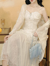 Load image into Gallery viewer, White Jacquard Acetate Spaghetti Strap with Tulle Wedding Maxi Dress and Butterfly Cardigan