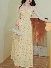 Load image into Gallery viewer, 2PS Yellow Floral Spaghetti Strap 1950S Vintage Dress With Long Sleeve Ruffles Cardigan