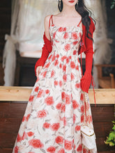 Load image into Gallery viewer, 2PS Red Rose Spaghetti Strap 1950S Vintage Dress With Long Sleeve Ruffles Cardigan