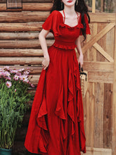Load image into Gallery viewer, 2PS Red Rose Ruffles Spaghetti Strap Top and High Waist Swing Dress Set