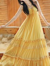 Load image into Gallery viewer, 2PS Yellow Bohemian Maxi Dress Set with Detachable Cardigan