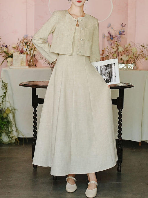 Apricot Linen Slip Dress with Crew Neck Cardigan