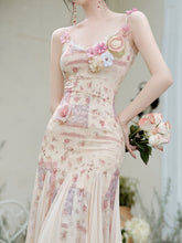Load image into Gallery viewer, Pink Floral Print Spaghetti Strap Fishtail Flared Vintage Maxi Dress