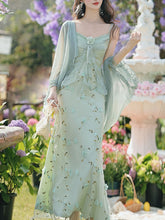 Load image into Gallery viewer, 2PS Green Floral Printed Spaghetti Strap Vintage Dress With Cardigan Suit