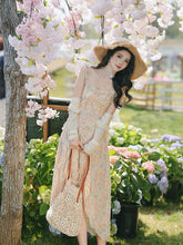 Load image into Gallery viewer, 2PS Apricot Floral Printed Spaghetti Strap High-low Ruffled Hem Vintage Dress With Cardigan Suit