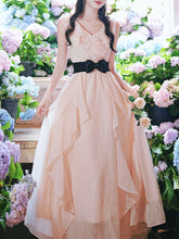 Load image into Gallery viewer, Pink Flowy Ruffle V-Neck Dress with Black Bow Belt