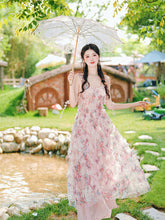 Load image into Gallery viewer, 2PS Pink Ruffles Floral Printed Spaghetti Strap Vintage Dress With Cardigan Suit