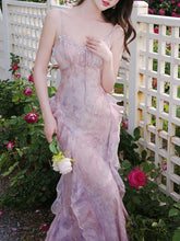 Load image into Gallery viewer, 2PS Purple Ruffles Floral Printed Spaghetti Strap Vintage Dress With Cardigan Suit