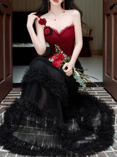 Load image into Gallery viewer, Gothic Red Corset Tiered Tulle Maxi Dress  Rose Asymmetric Ruffle Dark Romantic Party Gown