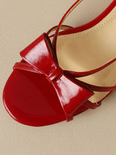 Load image into Gallery viewer, Women&#39;s Round Open Toe Bow Chunky Heel Sandals Leather Vintage Shoes