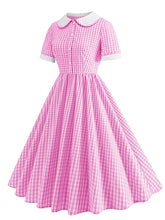 Load image into Gallery viewer, Pink Peter Pan Collar Plaid Short Sleeve 1950S Vintage Swing Dress