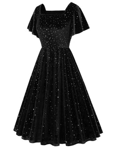 Christmas Green Square Collar Sequins Velvet 1950S Vintage Swing Dress