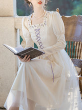 Load image into Gallery viewer, White Square Neck Lavender Embroidered Princess Sleeve Corset Vintage Dress