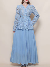 Load image into Gallery viewer, Baby Blue V Neck Long-Sleeve Lace Blouse with Flowy Chiffon Skirt Set