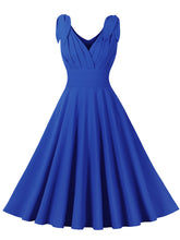 Load image into Gallery viewer, Blue Bow Sleeve V Neck 1950S Vintage Swing Dress