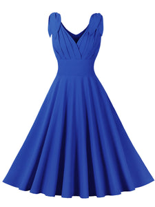 Blue Bow Sleeve V Neck 1950S Vintage Swing Dress