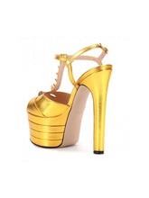 Load image into Gallery viewer, 12CM Women&#39;s T-Strap Platform with Rivets Chunky Heel Sandals Leather Vintage Shoes