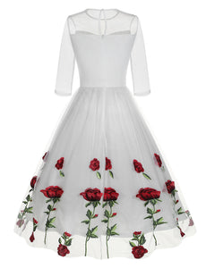 Solid Color Rose Embroidered Crew Neck 1950S Vintage Swing Dress