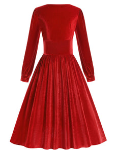Christmas Green Square Collar Long Sleeve Velvet 1950S Vintage Swing Dress